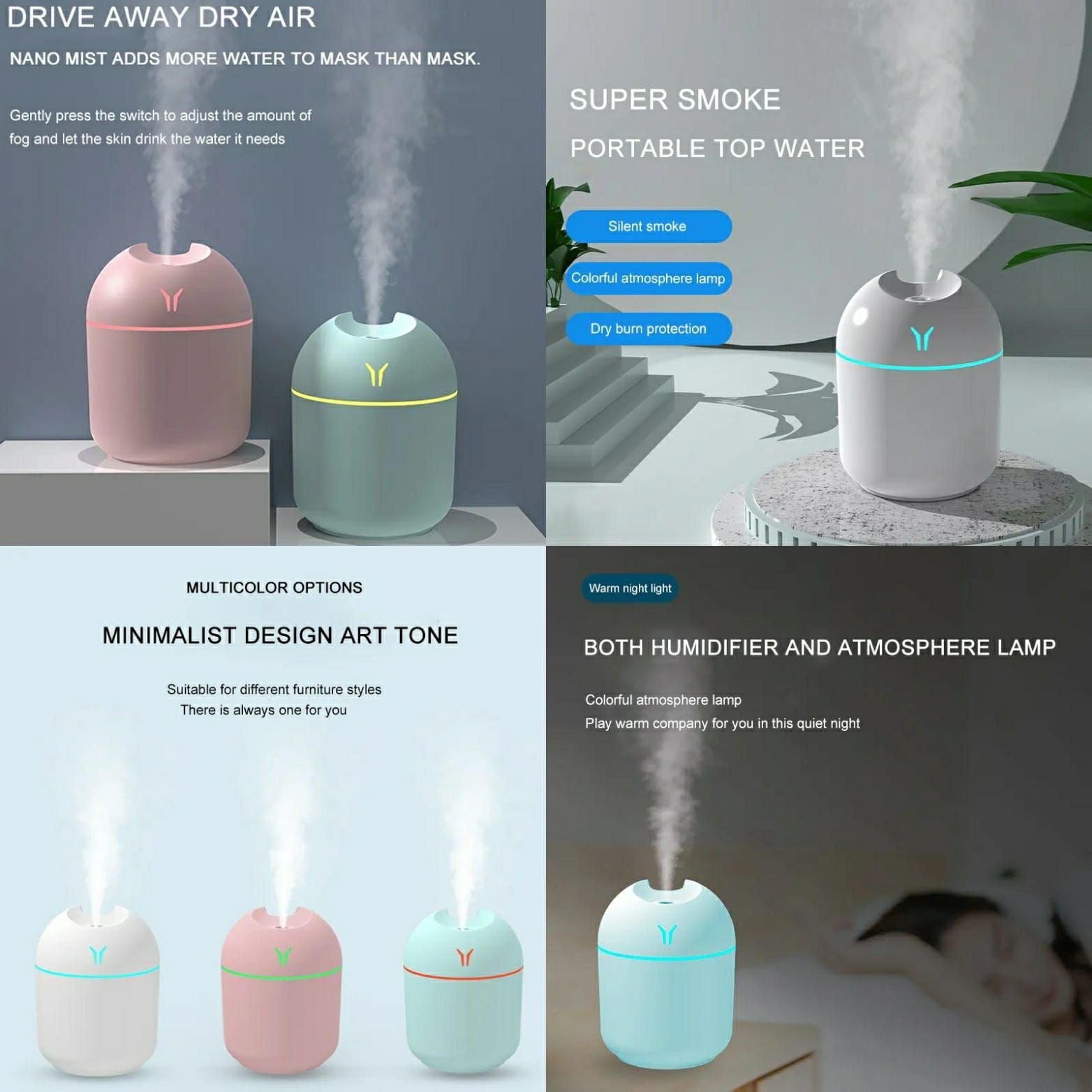 Portable Mini Air Humidifier USB Desktop Humidifier for Car Bedroom Air Diffuser Fogger Mist Maker Sprayer with LED Night Lamp