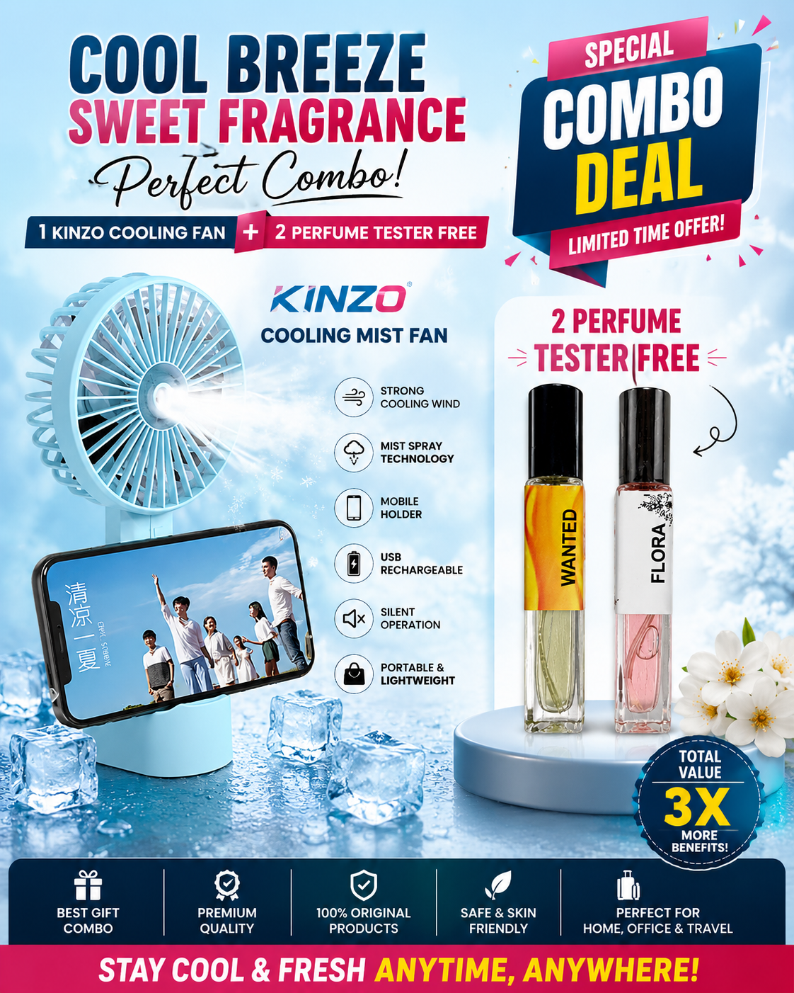 KINZO Cooling Mist Spray Fan With Mobile Holder + FREE Perfume Tester Combo | USB Rechargeable Portable Handheld Mini Fan | Strong Cooling Spray Fan for Summer