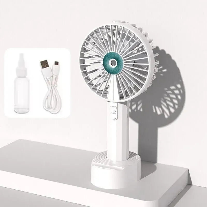 KINZO Cooling Mist Spray Fan With Mobile Holder + FREE Perfume Tester Combo | USB Rechargeable Portable Handheld Mini Fan | Strong Cooling Spray Fan for Summer