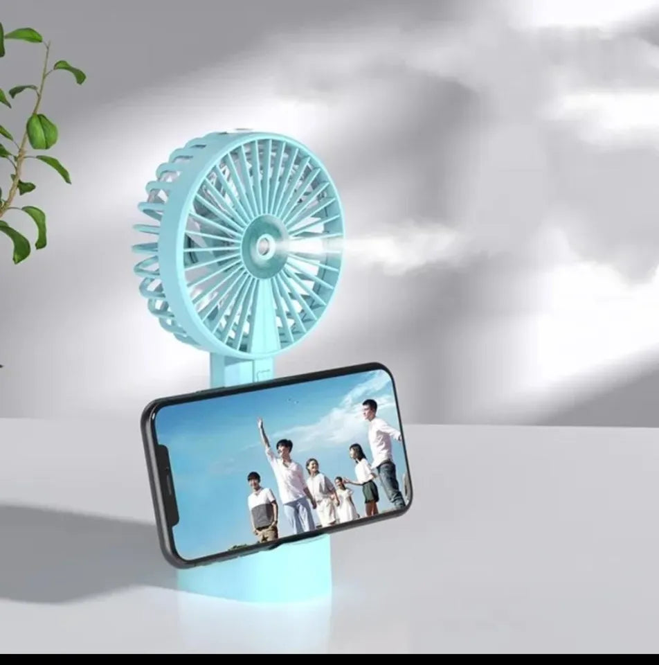 KINZO Cooling Mist Spray Fan With Mobile Holder + FREE Perfume Tester Combo | USB Rechargeable Portable Handheld Mini Fan | Strong Cooling Spray Fan for Summer